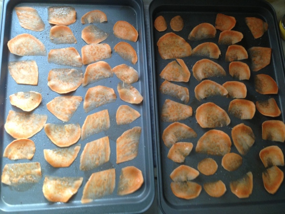 One sweet potato yielded 4 baking trays of chips. And I didn't even use the whole thing. WHO KNEW!